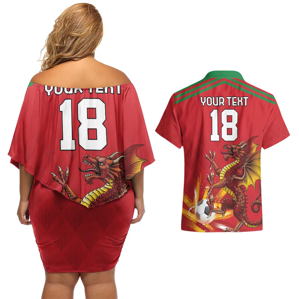 Custom Wales Football Couples Matching Off Shoulder Short Dress and Hawaiian Shirt Y Ddraig Goch Ddyry Cychwyn