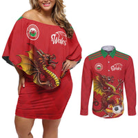 Custom Wales Football Couples Matching Off Shoulder Short Dress and Long Sleeve Button Shirt Y Ddraig Goch Ddyry Cychwyn