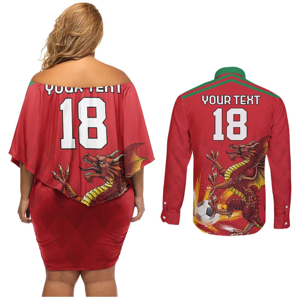 Custom Wales Football Couples Matching Off Shoulder Short Dress and Long Sleeve Button Shirt Y Ddraig Goch Ddyry Cychwyn