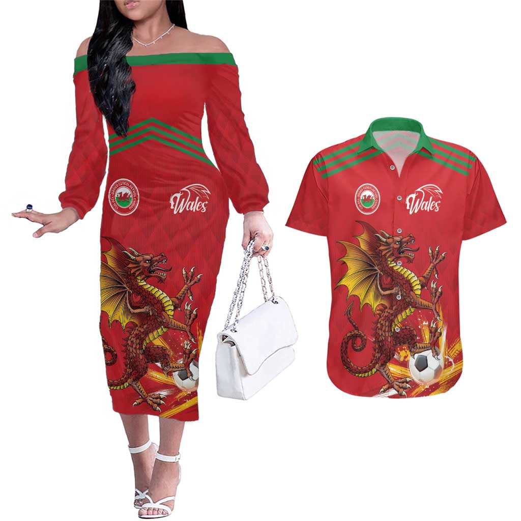 Custom Wales Football Couples Matching Off The Shoulder Long Sleeve Dress and Hawaiian Shirt Y Ddraig Goch Ddyry Cychwyn