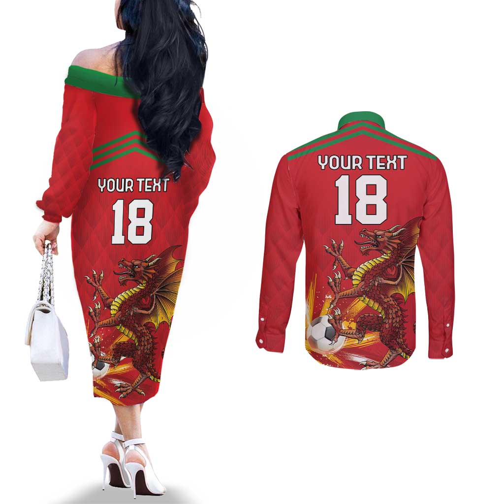 Custom Wales Football Couples Matching Off The Shoulder Long Sleeve Dress and Long Sleeve Button Shirt Y Ddraig Goch Ddyry Cychwyn