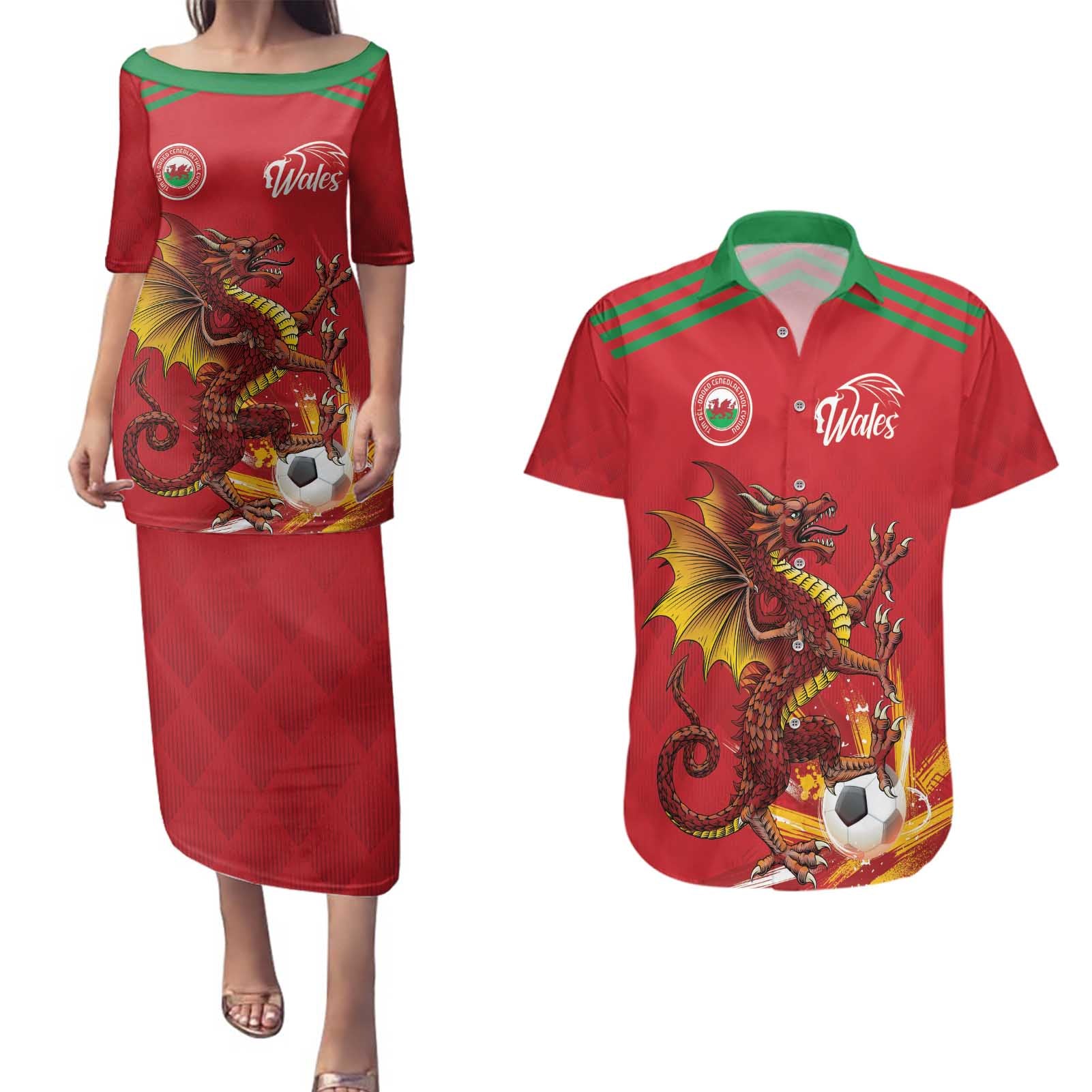 Custom Wales Football Couples Matching Puletasi and Hawaiian Shirt Y Ddraig Goch Ddyry Cychwyn
