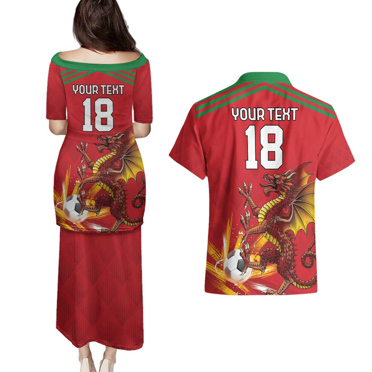 Custom Wales Football Couples Matching Puletasi and Hawaiian Shirt Y Ddraig Goch Ddyry Cychwyn