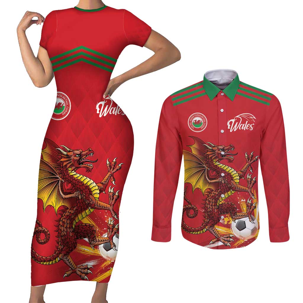 Custom Wales Football Couples Matching Short Sleeve Bodycon Dress and Long Sleeve Button Shirt Y Ddraig Goch Ddyry Cychwyn