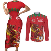 Custom Wales Football Couples Matching Short Sleeve Bodycon Dress and Long Sleeve Button Shirt Y Ddraig Goch Ddyry Cychwyn