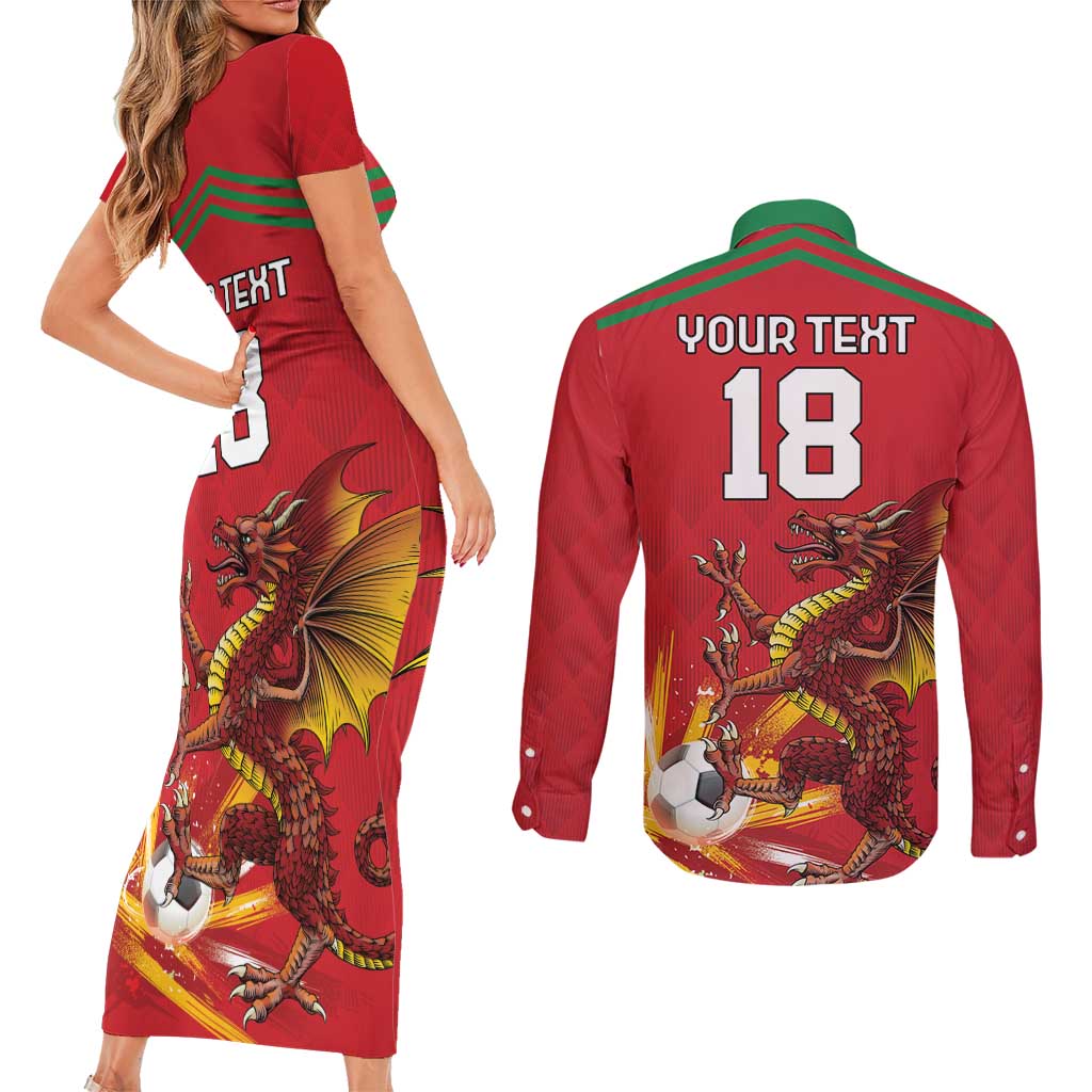 Custom Wales Football Couples Matching Short Sleeve Bodycon Dress and Long Sleeve Button Shirt Y Ddraig Goch Ddyry Cychwyn