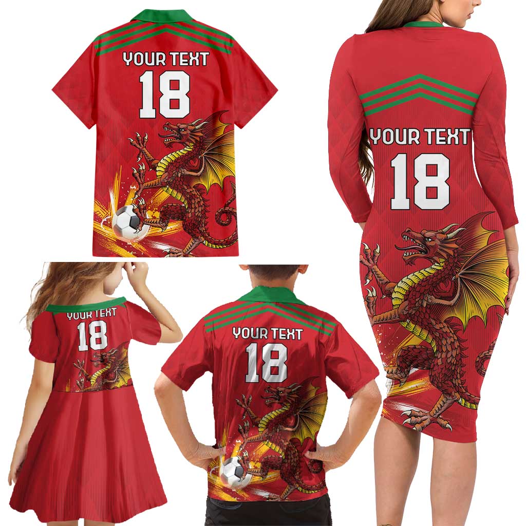 Custom Wales Football Family Matching Long Sleeve Bodycon Dress and Hawaiian Shirt Y Ddraig Goch Ddyry Cychwyn
