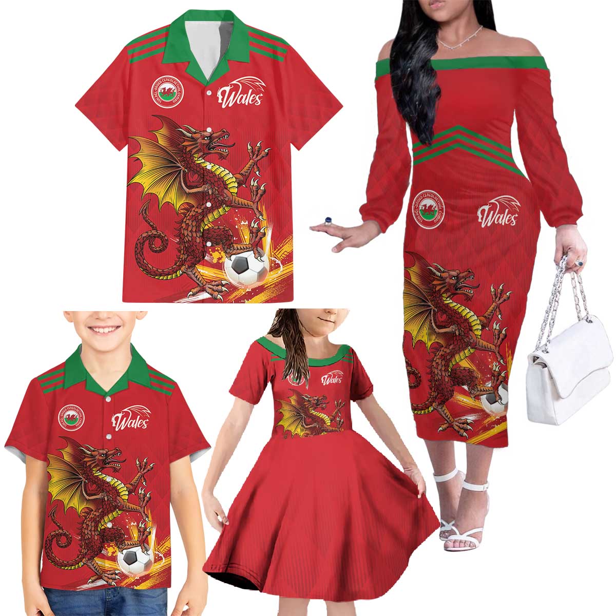 Custom Wales Football Family Matching Off The Shoulder Long Sleeve Dress and Hawaiian Shirt Y Ddraig Goch Ddyry Cychwyn
