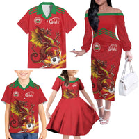 Custom Wales Football Family Matching Off The Shoulder Long Sleeve Dress and Hawaiian Shirt Y Ddraig Goch Ddyry Cychwyn