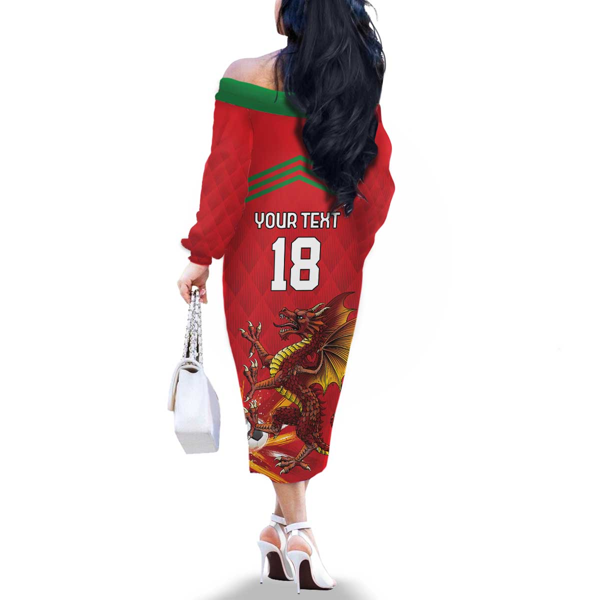 Custom Wales Football Family Matching Off The Shoulder Long Sleeve Dress and Hawaiian Shirt Y Ddraig Goch Ddyry Cychwyn