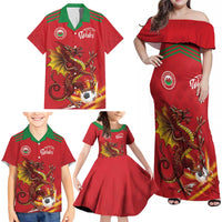 Custom Wales Football Family Matching Off Shoulder Maxi Dress and Hawaiian Shirt Y Ddraig Goch Ddyry Cychwyn