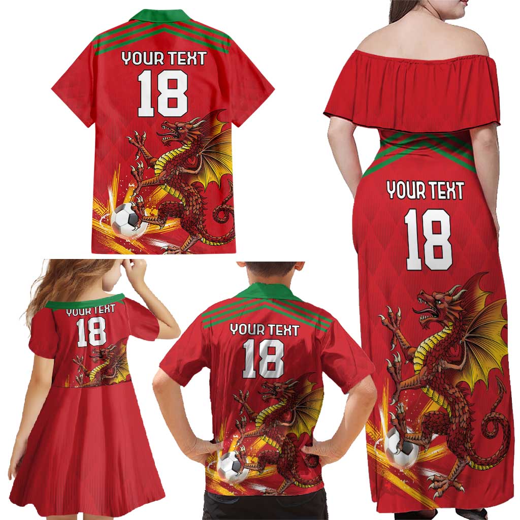 Custom Wales Football Family Matching Off Shoulder Maxi Dress and Hawaiian Shirt Y Ddraig Goch Ddyry Cychwyn