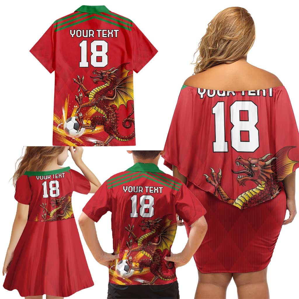 Custom Wales Football Family Matching Off Shoulder Short Dress and Hawaiian Shirt Y Ddraig Goch Ddyry Cychwyn