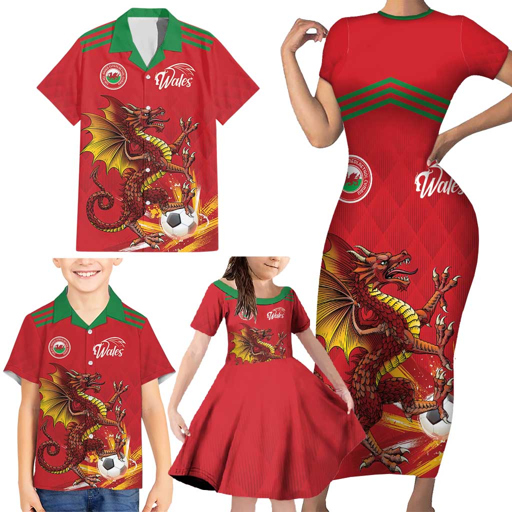 Custom Wales Football Family Matching Short Sleeve Bodycon Dress and Hawaiian Shirt Y Ddraig Goch Ddyry Cychwyn