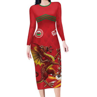 Custom Wales Football Long Sleeve Bodycon Dress Y Ddraig Goch Ddyry Cychwyn