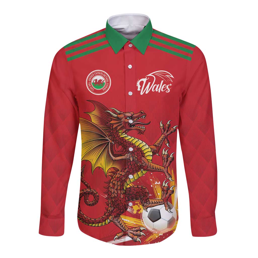 Custom Wales Football Long Sleeve Button Shirt Y Ddraig Goch Ddyry Cychwyn