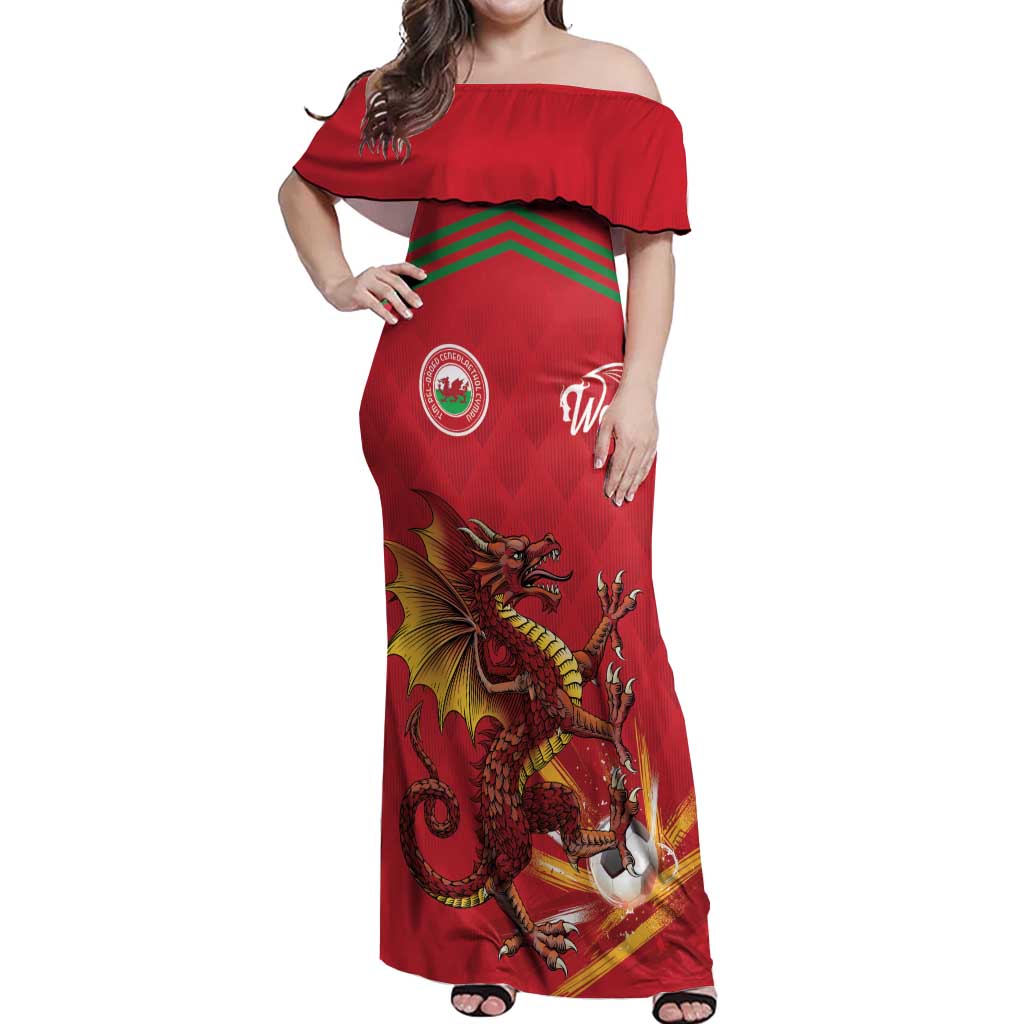 Custom Wales Football Off Shoulder Maxi Dress Y Ddraig Goch Ddyry Cychwyn