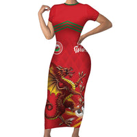 Custom Wales Football Short Sleeve Bodycon Dress Y Ddraig Goch Ddyry Cychwyn