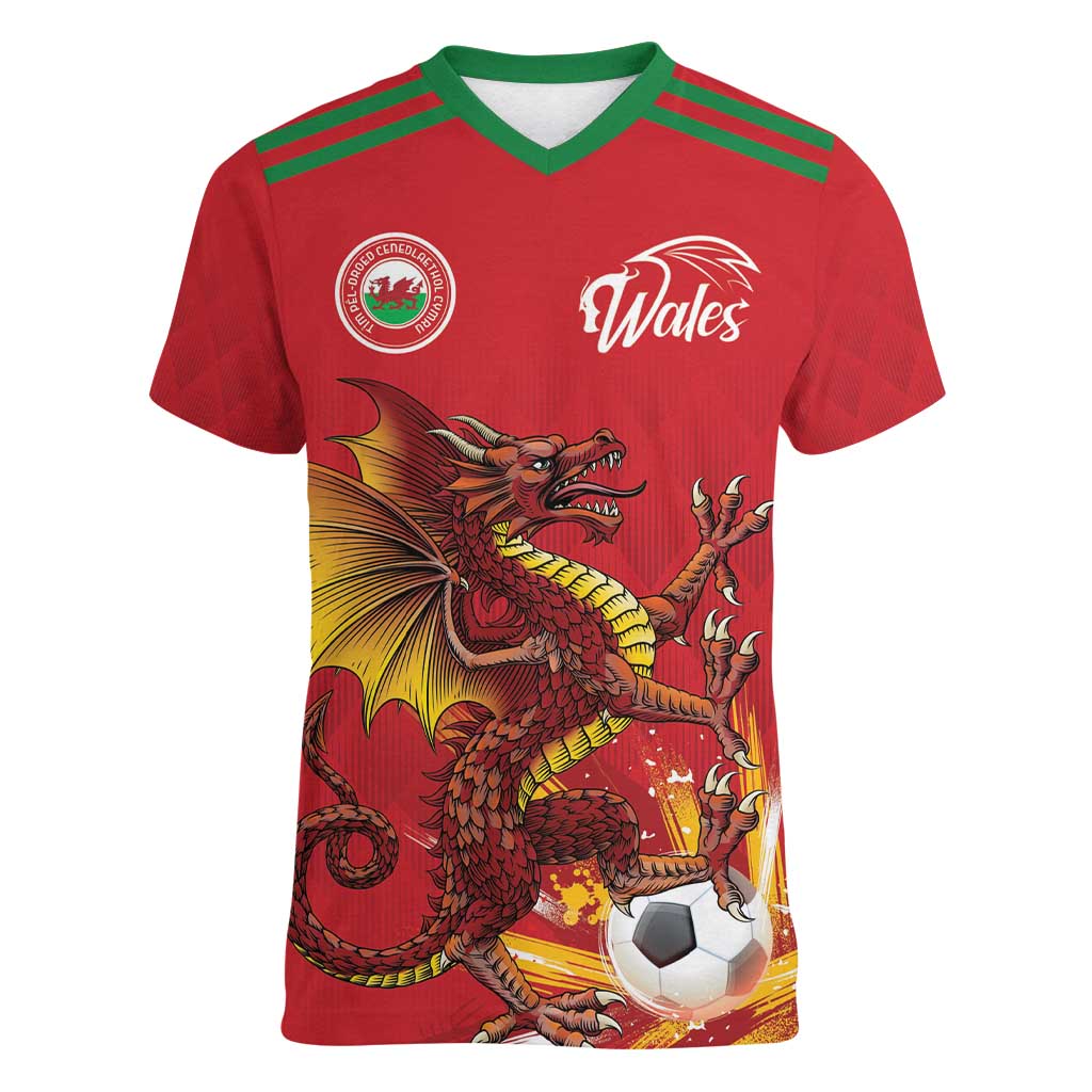 Custom Wales Football Women V-Neck T-Shirt Y Ddraig Goch Ddyry Cychwyn