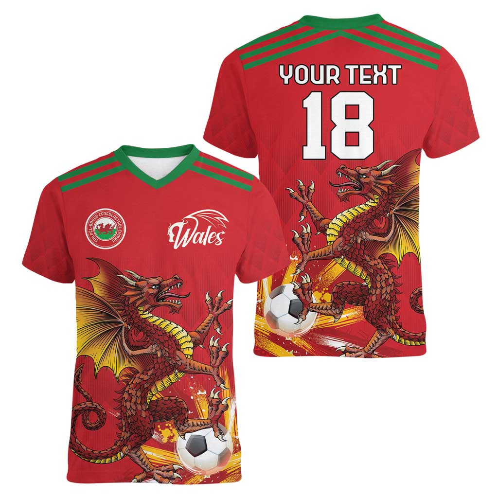 Custom Wales Football Women V-Neck T-Shirt Y Ddraig Goch Ddyry Cychwyn