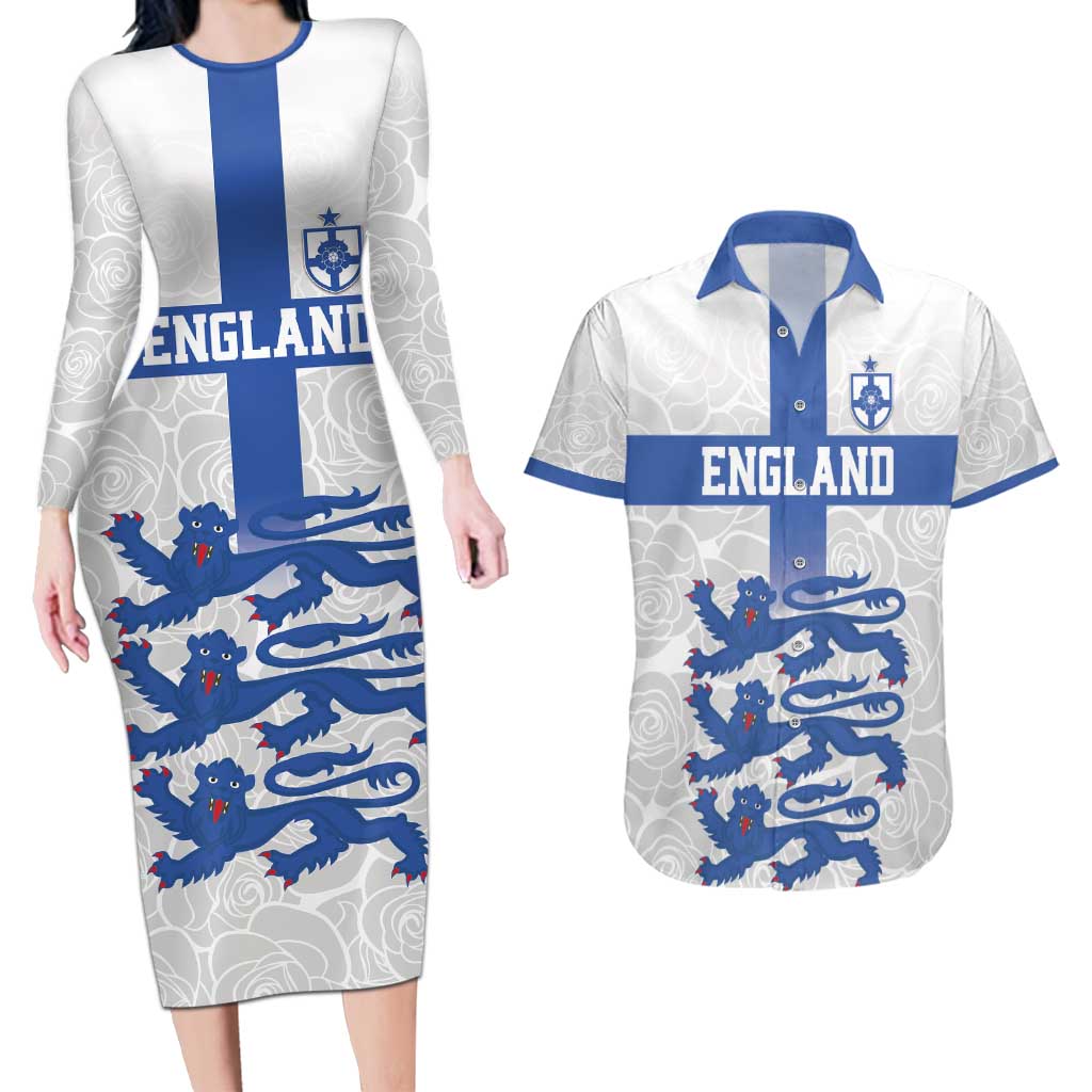 Custom England Fooball Couples Matching Long Sleeve Bodycon Dress and Hawaiian Shirt The Three Lions Blue Version