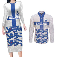 Custom England Fooball Couples Matching Long Sleeve Bodycon Dress and Long Sleeve Button Shirt The Three Lions Blue Version