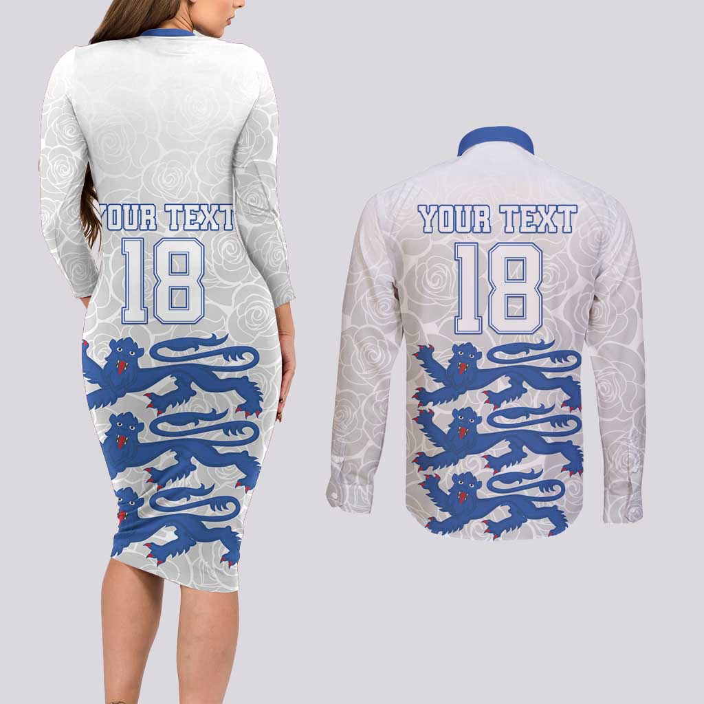 Custom England Fooball Couples Matching Long Sleeve Bodycon Dress and Long Sleeve Button Shirt The Three Lions Blue Version