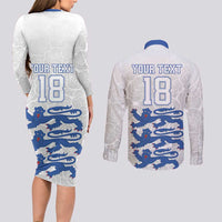 Custom England Fooball Couples Matching Long Sleeve Bodycon Dress and Long Sleeve Button Shirt The Three Lions Blue Version