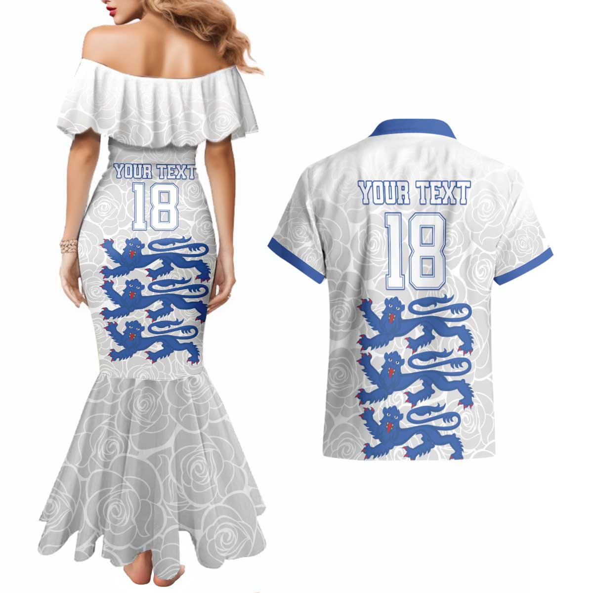 Custom England Fooball Couples Matching Mermaid Dress and Hawaiian Shirt The Three Lions Blue Version