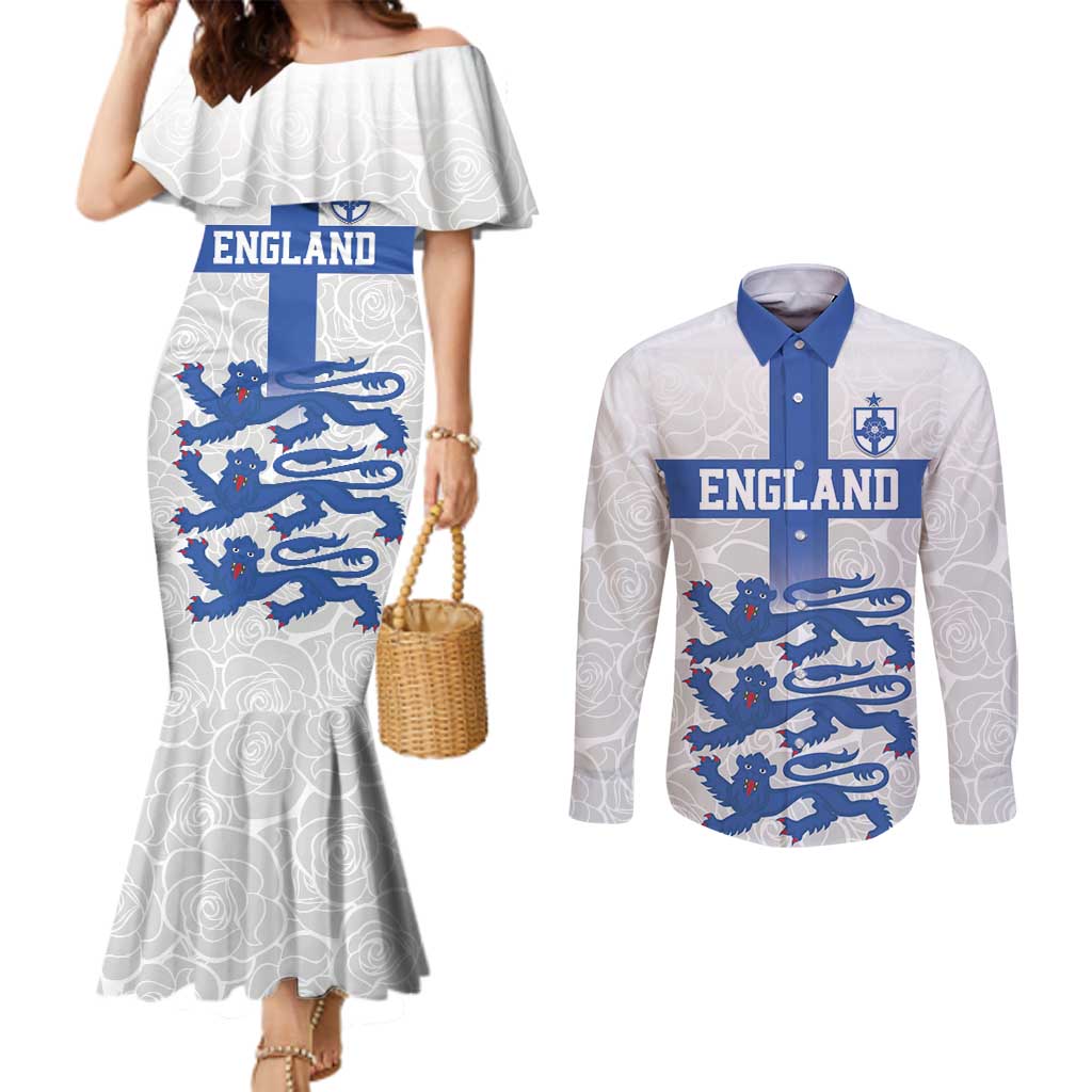 Custom England Fooball Couples Matching Mermaid Dress and Long Sleeve Button Shirt The Three Lions Blue Version