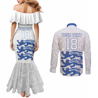 Custom England Fooball Couples Matching Mermaid Dress and Long Sleeve Button Shirt The Three Lions Blue Version