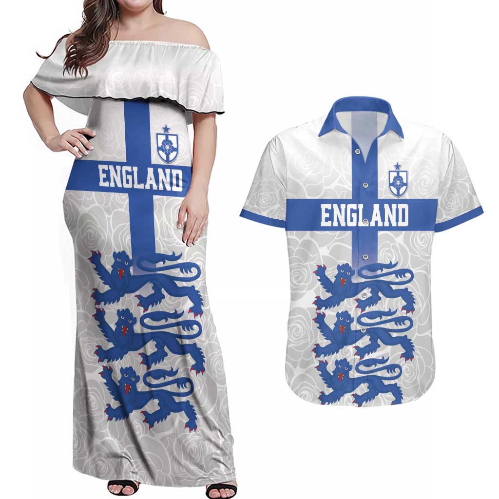 Custom England Fooball Couples Matching Off Shoulder Maxi Dress and Hawaiian Shirt The Three Lions Blue Version
