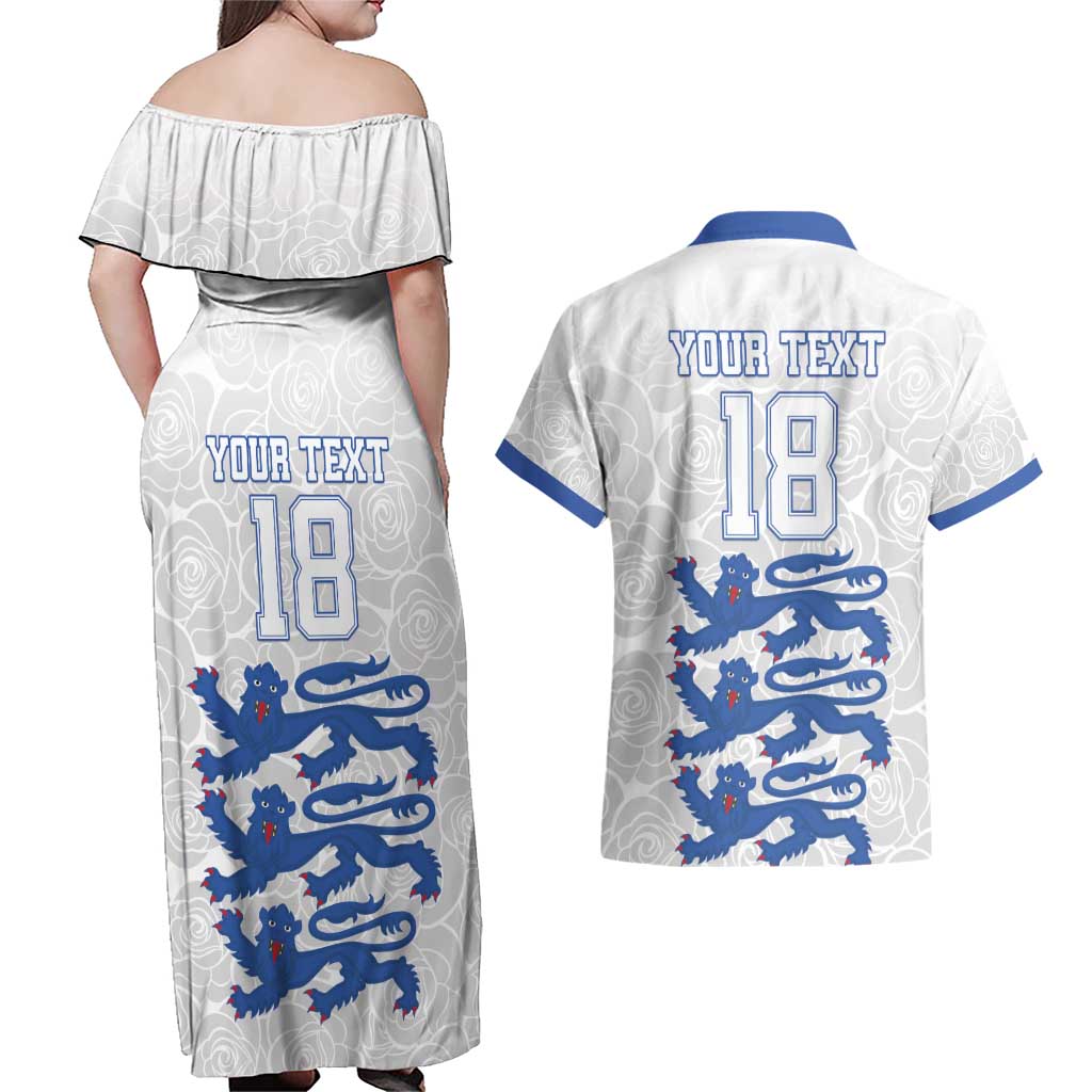 Custom England Fooball Couples Matching Off Shoulder Maxi Dress and Hawaiian Shirt The Three Lions Blue Version