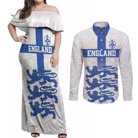 Custom England Fooball Couples Matching Off Shoulder Maxi Dress and Long Sleeve Button Shirt The Three Lions Blue Version