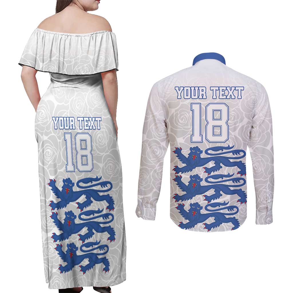 Custom England Fooball Couples Matching Off Shoulder Maxi Dress and Long Sleeve Button Shirt The Three Lions Blue Version