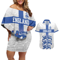 Custom England Fooball Couples Matching Off Shoulder Short Dress and Hawaiian Shirt The Three Lions Blue Version
