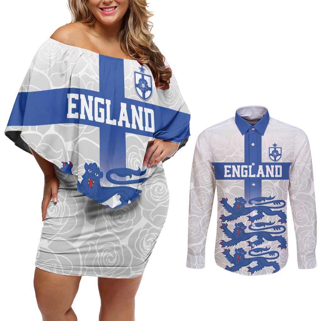 Custom England Fooball Couples Matching Off Shoulder Short Dress and Long Sleeve Button Shirt The Three Lions Blue Version