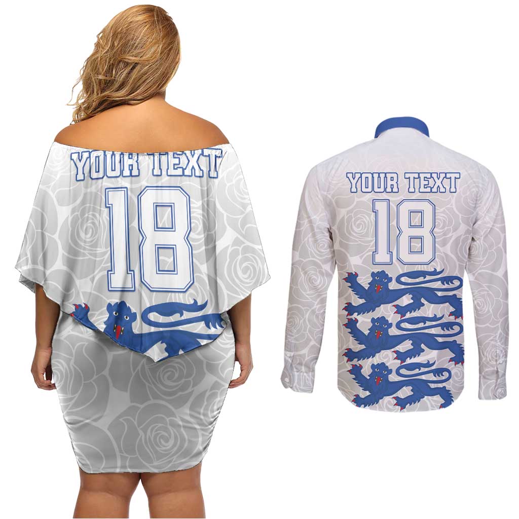 Custom England Fooball Couples Matching Off Shoulder Short Dress and Long Sleeve Button Shirt The Three Lions Blue Version