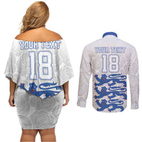 Custom England Fooball Couples Matching Off Shoulder Short Dress and Long Sleeve Button Shirt The Three Lions Blue Version