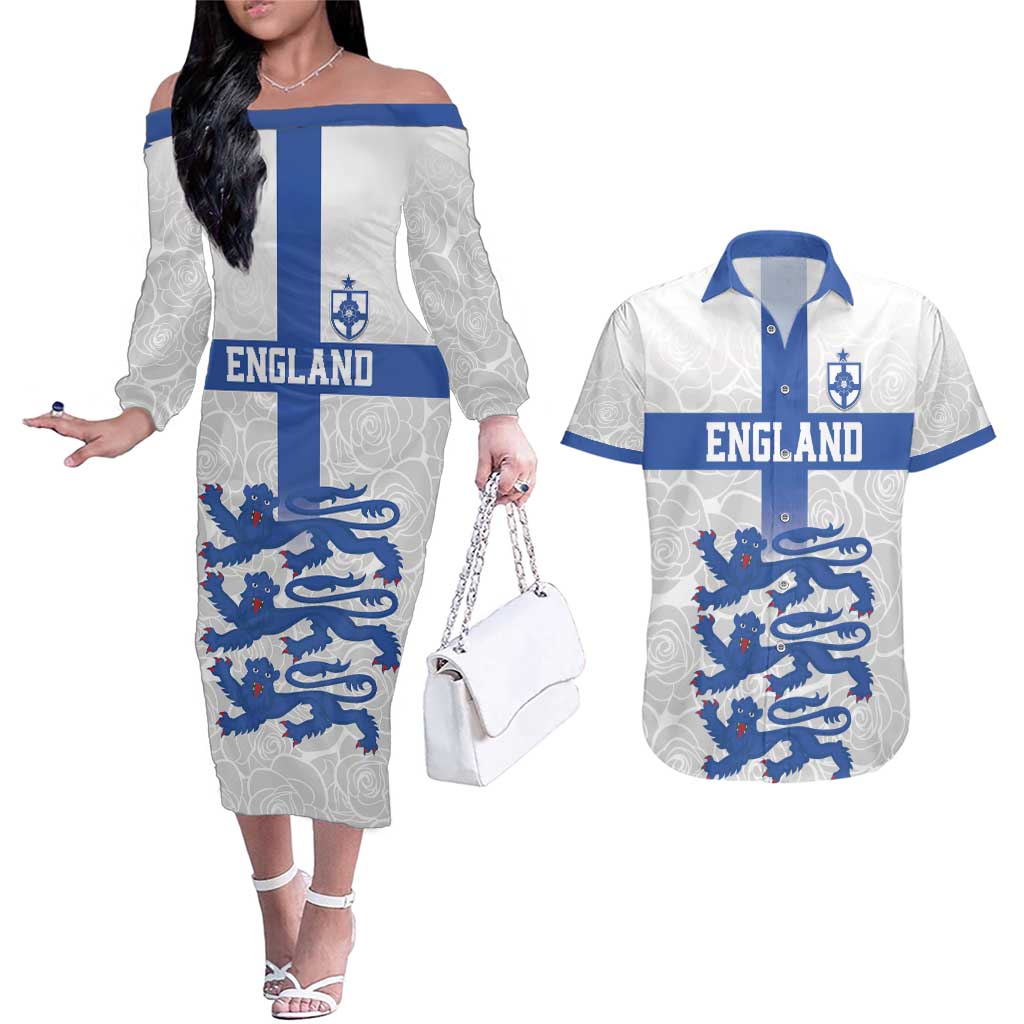 Custom England Fooball Couples Matching Off The Shoulder Long Sleeve Dress and Hawaiian Shirt The Three Lions Blue Version