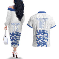 Custom England Fooball Couples Matching Off The Shoulder Long Sleeve Dress and Hawaiian Shirt The Three Lions Blue Version
