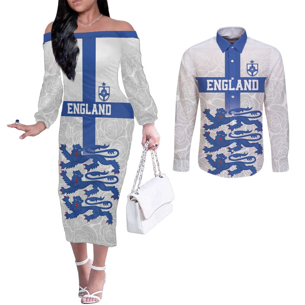 Custom England Fooball Couples Matching Off The Shoulder Long Sleeve Dress and Long Sleeve Button Shirt The Three Lions Blue Version