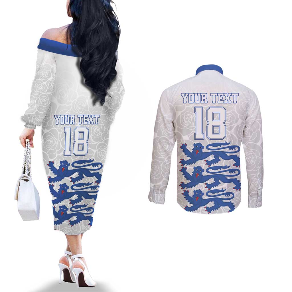 Custom England Fooball Couples Matching Off The Shoulder Long Sleeve Dress and Long Sleeve Button Shirt The Three Lions Blue Version