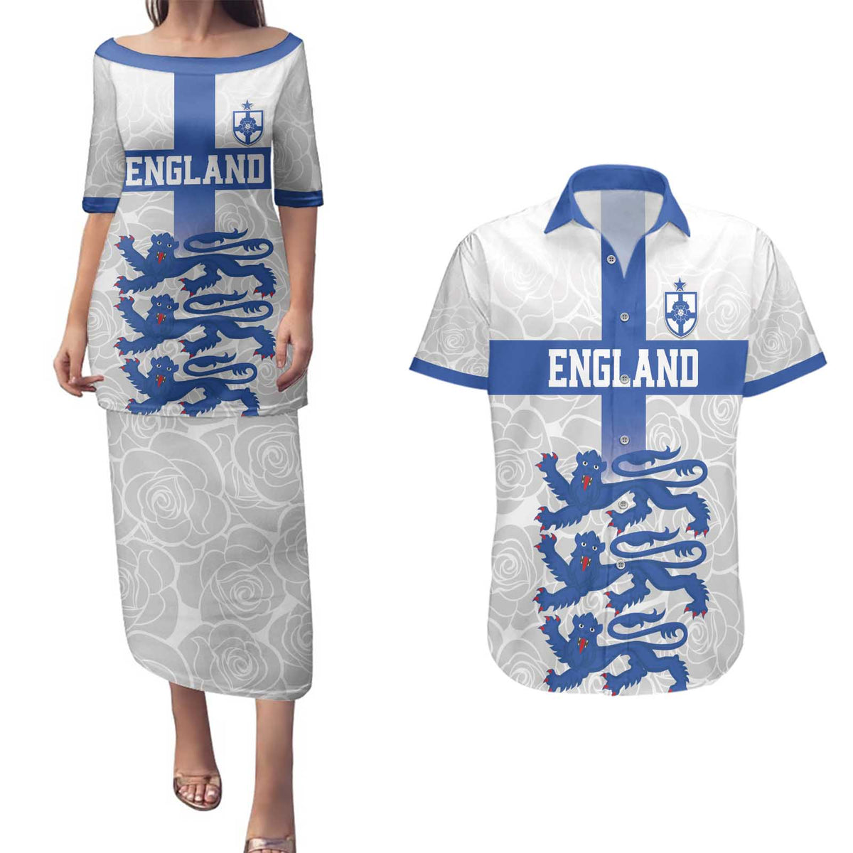 Custom England Fooball Couples Matching Puletasi and Hawaiian Shirt The Three Lions Blue Version