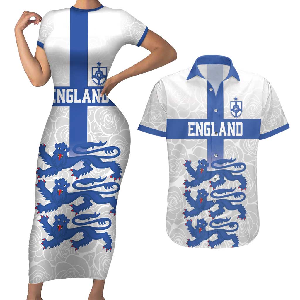 Custom England Fooball Couples Matching Short Sleeve Bodycon Dress and Hawaiian Shirt The Three Lions Blue Version