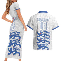 Custom England Fooball Couples Matching Short Sleeve Bodycon Dress and Hawaiian Shirt The Three Lions Blue Version