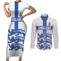 Custom England Fooball Couples Matching Short Sleeve Bodycon Dress and Long Sleeve Button Shirt The Three Lions Blue Version