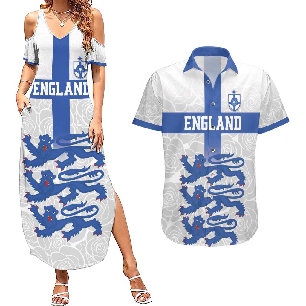 Custom England Fooball Couples Matching Summer Maxi Dress and Hawaiian Shirt The Three Lions Blue Version