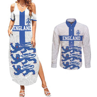 Custom England Fooball Couples Matching Summer Maxi Dress and Long Sleeve Button Shirt The Three Lions Blue Version