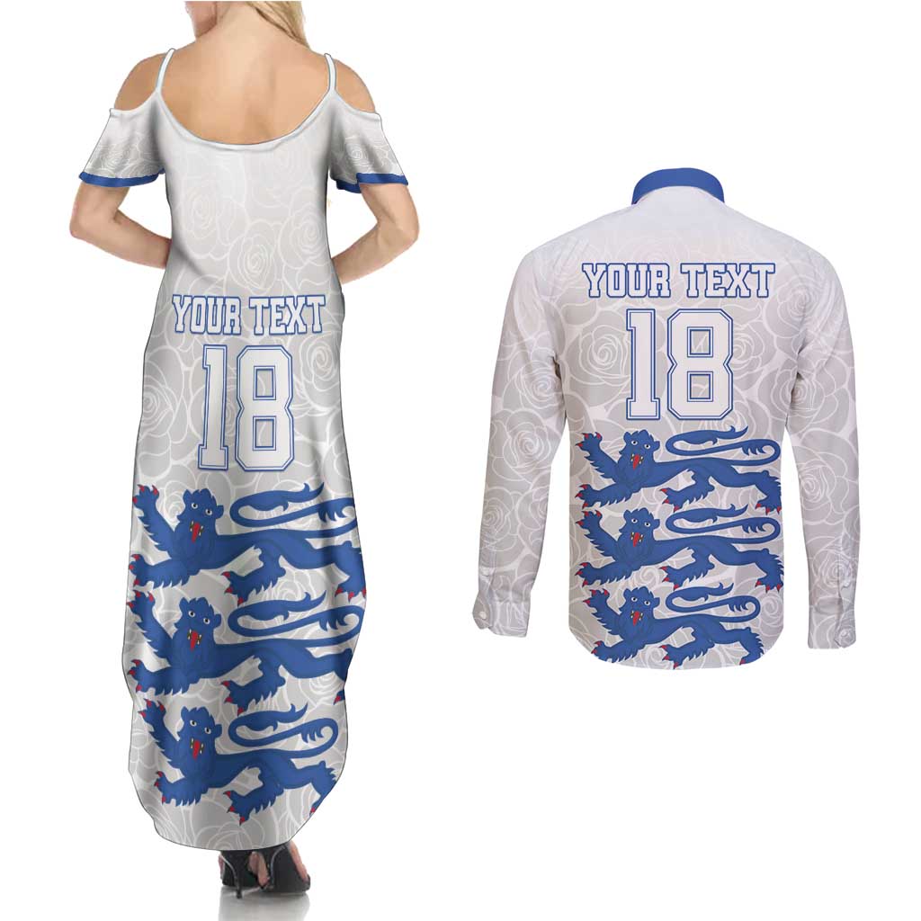 Custom England Fooball Couples Matching Summer Maxi Dress and Long Sleeve Button Shirt The Three Lions Blue Version